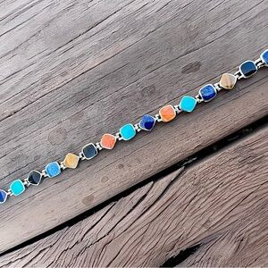 Mexico 925 Sterling Silver Multi Stone Link Bracelet Turquoise Coral